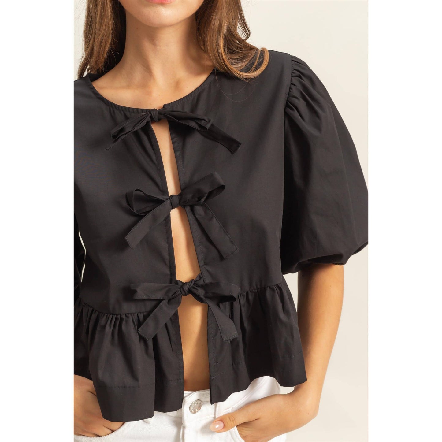 Ribbon Tie Open Front Peplum Top