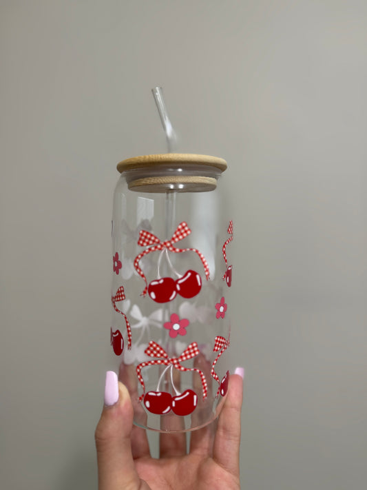 Gingham Cherry Delight Glass Cup