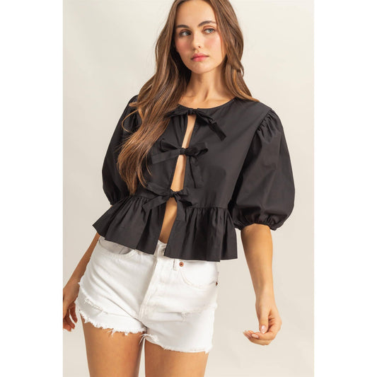 Ribbon Tie Open Front Peplum Top